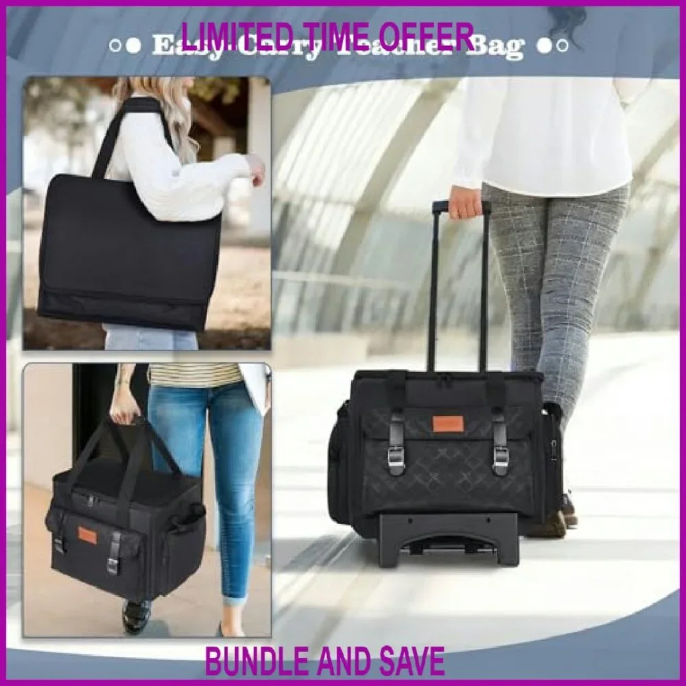 Rolling Teacher Tote Bag with Wheels, Padded Laptop Compartment, Insulated Lunch